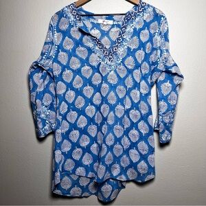 Amaya Women Tunic Cotton Top 44 (Large) Blue Embroidered V-Neck Coastal Beach